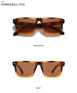 Front and top view of hawksbill square sunglasses with tea lenses and metal rivets