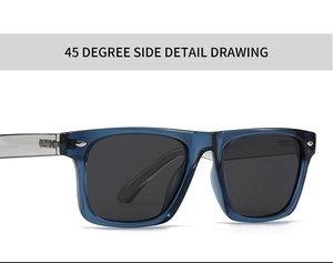 Detailed 45-degree side view of blue square polarized sunglasses with silver rivets