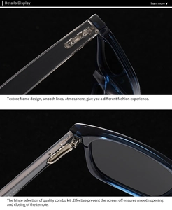 Detailed macro view of blue polarized sunglasses frame with durable metal hinge