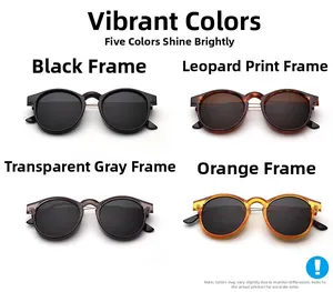 Retro round sunglasses set in black, leopard, transparent grey, and orange frames