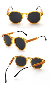 Three-view layout of retro round orange sunglasses with metal temples on white background
