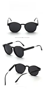Macro detail of classic round sunglasses with black frames and metal temple components