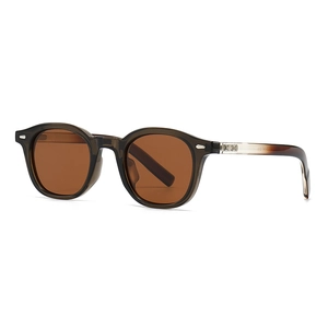 Classic round polarized sunglasses with translucent grey frames and dark brown lenses