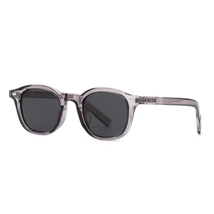 Classic round polarized sunglasses with translucent grey-purple frames and dark lenses