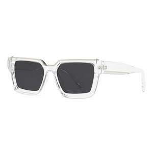 Classic square polarized sunglasses with a clear transparent frame and dark grey lenses