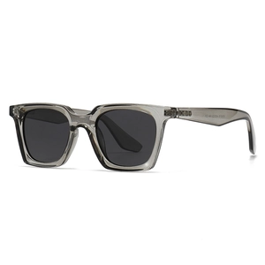 Classic square polarized sunglasses with translucent grey frames and dark grey lenses