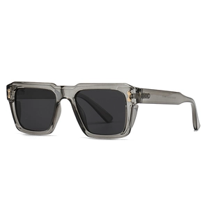 Polarized square sunglasses with dark grey transparent frames and H-shaped gold metal accents