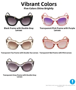 Cat eye sunglasses detail showing five frame colors with golden claw metal accents