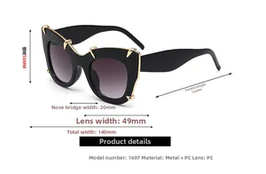 Detailed size chart of cat eye sunglasses with frame measurements and metallic claw decor
