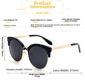 Detailed size specifications for unisex oversized sunglasses with PC and metal frames
