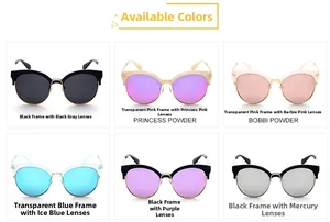Cat-eye sunglasses color selection grid featuring black, pink, blue and purple frames