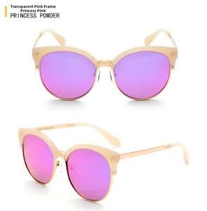 Detailed views of pink cat-eye sunglasses with gradient lenses and gold metal arms