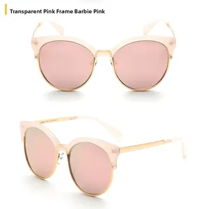Detailed view of pink mirror sunglasses with transparent frames and gold metal temples