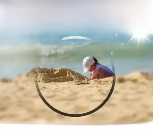 Polarized sunglasses effect comparison showing glare reduction in beach setting