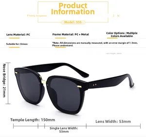 Detailed dimension guide for large square black sunglasses with gold metal accents