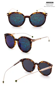 Three views of retro tortoiseshell sunglasses with blue reflective lenses and gold arms