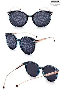 Detail of tortoise shell blue sunglasses with camouflage mirror lenses and gold metal arms