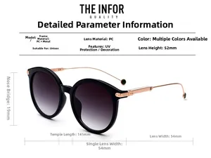 Detailed size specifications and dimensions for classic round frame sunglasses with PC lenses