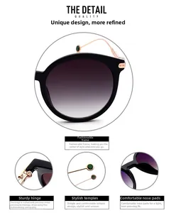 Detail view of large frame sunglasses with purple gradient lenses and rose gold metal temples