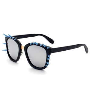 Punk style square sunglasses with black frame, blue studs and silver mirrored lenses