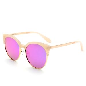 Champagne translucent cat-eye sunglasses with purple reflective mirror lenses and gold hinges