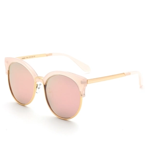 Pink cat-eye semi-rimless sunglasses with rose gold metal frame and mirrored lenses