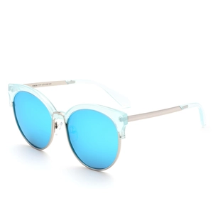 Fashionable oversized blue sunglasses with translucent plastic frame and silver metal temples
