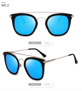Vorderansicht und 45-Grad-Seitenansicht der Mode-Sonnenbrille mit blauen Gläsern und Doppelsteg