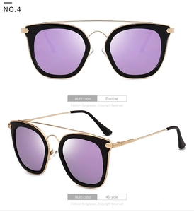 Vorderansicht und 45-Grad-Seitenansicht der Oversize-Sonnenbrille mit lila Gläsern und Goldsteg