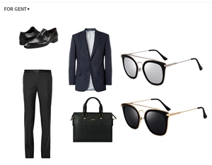 Detail einer runden polarisierten Sonnenbrille mit Anzug und Leder-Aktentasche kombiniert