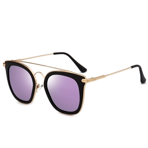 Runde polarisierte Sonnenbrille mit Goldmetallrahmen, Doppelsteg und lila Gläsern
