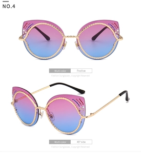 Detailopname van cat-eye zonnebril met strassteentjes en touwmontuur, voor- en zijkant