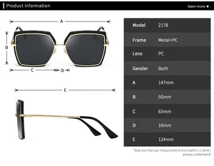 Size chart for 2178 sunglasses showing metal frame dimensions and lens measurements