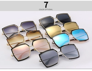 Detailed view showing seven color options for geometric large frame metal sunglasses