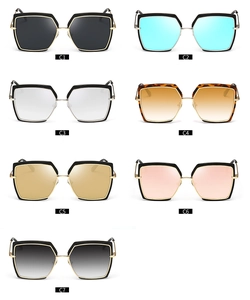 Grid display of square oversized sunglasses showing 7 lens color variants from black to pink