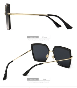 Detailed side view of square black sunglasses frame with elegant golden metal temples