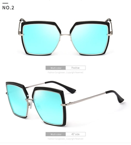 Front and 45-degree views of large geometric sunglasses with teal lenses and silver frames