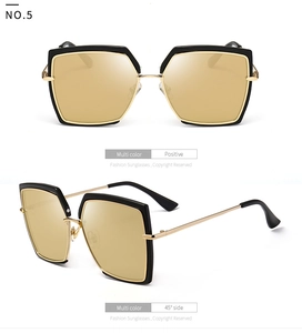 Fashionable oversized polygonal black sunglasses with gold metal accents and yellow lenses