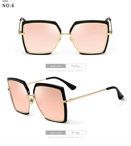 Front and 45-degree side view of large square sunglasses with gold accents and orange lenses