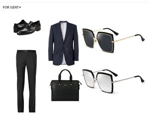 Flat lay of men's blue striped blazer, black trousers, brogue shoes and leather briefcase