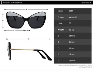 Detailed size chart for cat eye sunglasses model 3044 with frame dimensions and weight