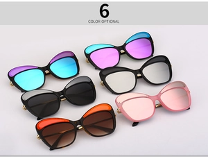 Detail view of 6 stylish cat-eye sunglasses colors with thick frames and metal hinges
