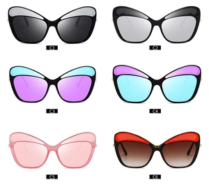 Detailed catalog of cat eye sunglasses in various frame colors and tinted lenses