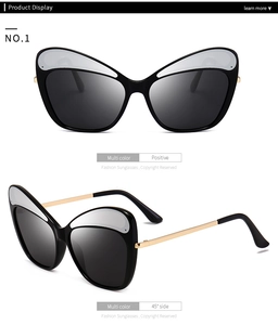 Detail of cat eye sunglasses with black frames and gold metal temples in dual views