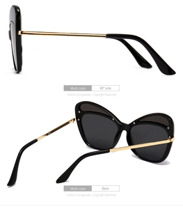 Detailed side and back view of cat eye sunglasses with metal temples and model 3044
