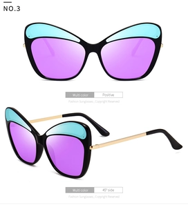 Cat eye butterfly sunglasses with blue accents and purple lenses in side and front views