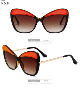 Detailed views of cat-eye sunglasses with tortoiseshell frames and gold metal temples