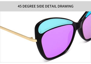 Detailed 45-degree side view of cat-eye sunglasses with purple lenses and blue accents