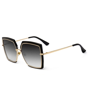 Modern square oversized sunglasses with black gold double frames and gradient grey lenses