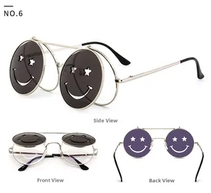 Vues détaillées de lunettes de soleil steampunk à clapet en métal argenté avec motif smiley
